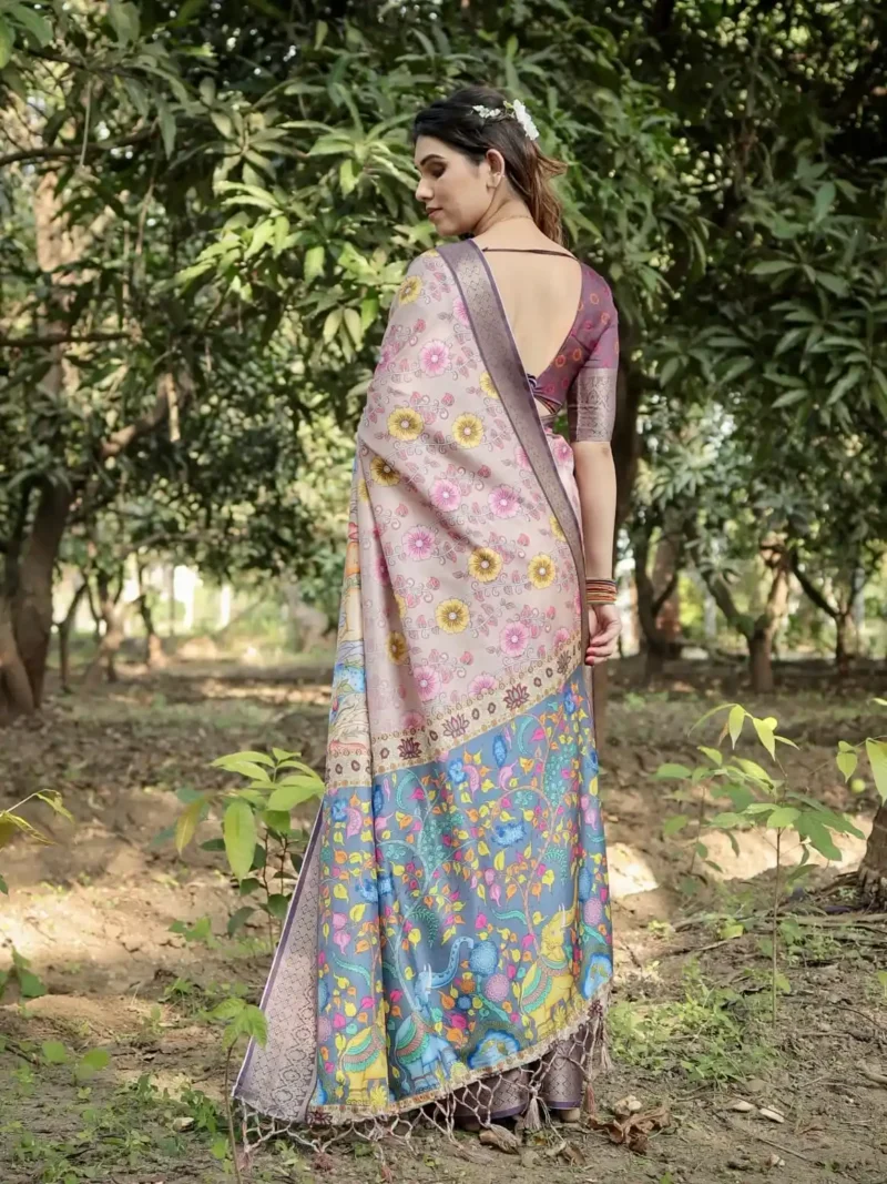 Pastel Beige Lilac Floral Peacock Hand Painted Tussar Silk Saree