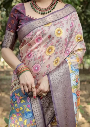 Pastel Beige Lilac Floral Peacock Hand Painted Tussar Silk Saree