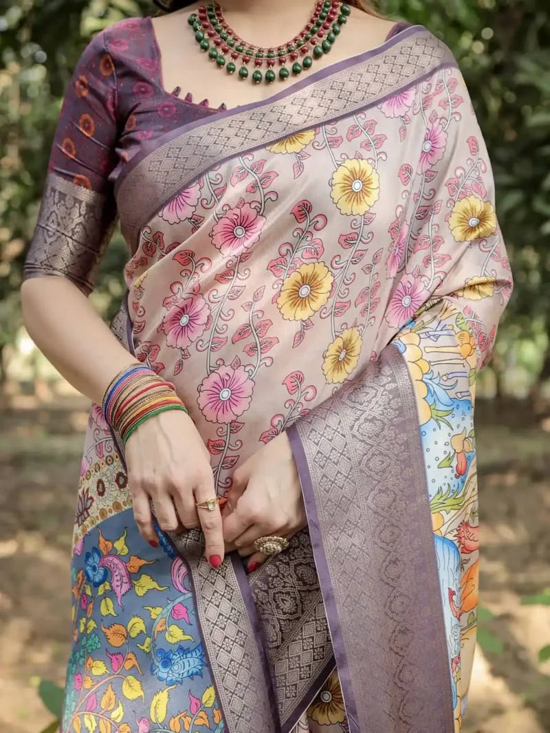 Pastel Beige Lilac Floral Peacock Hand Painted Tussar Silk Saree