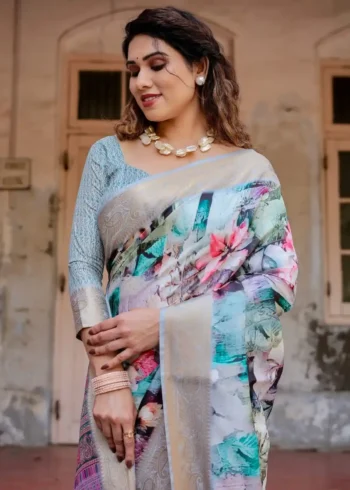 Pastel Beige Modern Abstract Floral Digital Print Tussar Silk Saree
