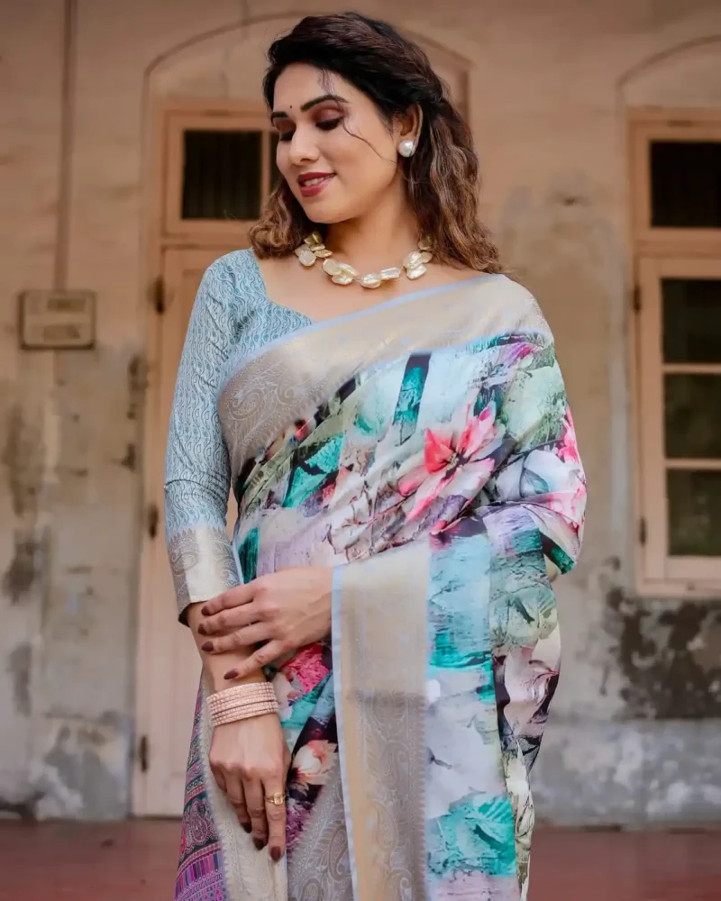 Pastel Beige Modern Abstract Floral Digital Print Tussar Silk Saree