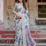 Pastel Beige Modern Abstract Floral Digital Print Tussar Silk Saree