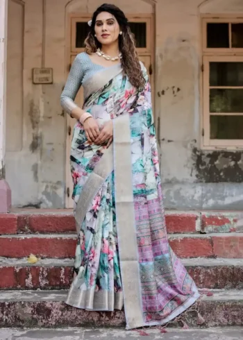 Pastel Beige Modern Abstract Floral Digital Print Tussar Silk Saree