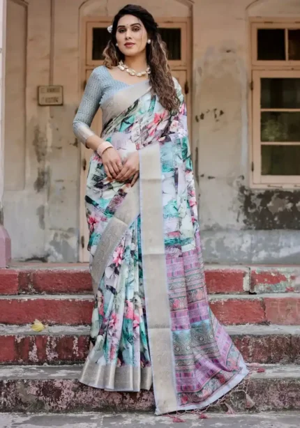 Pastel Beige Modern Abstract Floral Digital Print Tussar Silk Saree