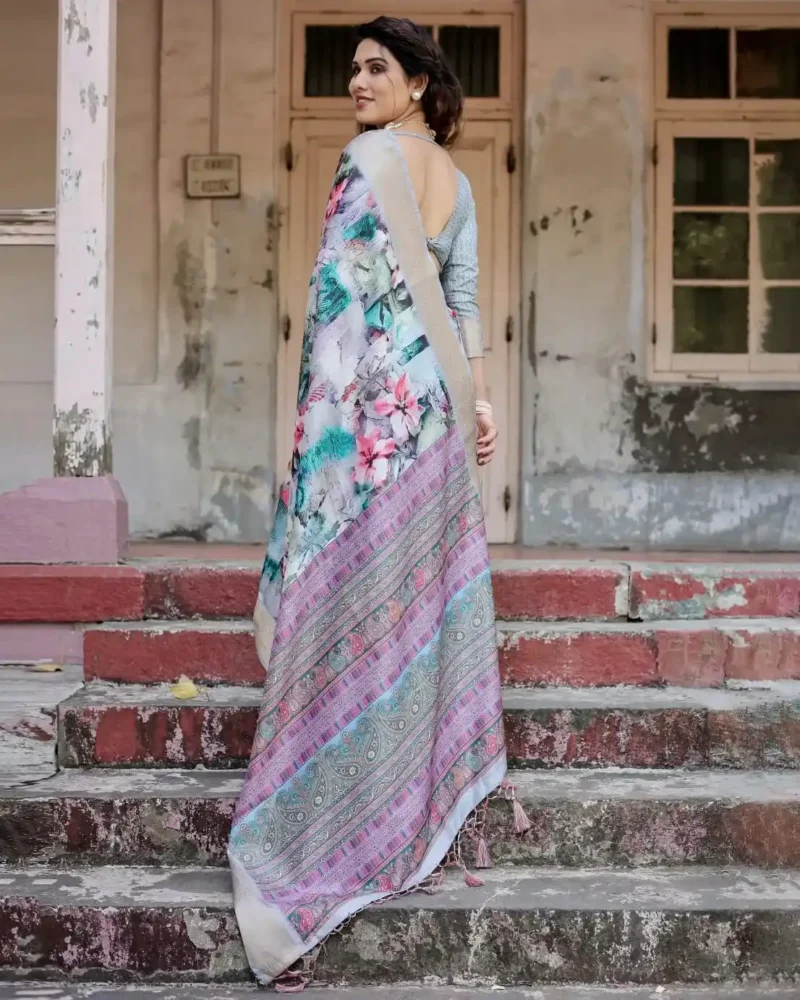 Pastel Beige Modern Abstract Floral Digital Print Tussar Silk Saree