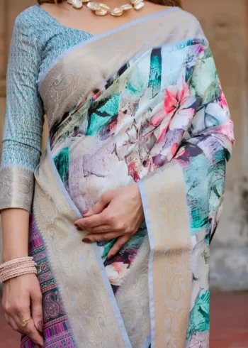 Pastel Beige Modern Abstract Floral Digital Print Tussar Silk Saree