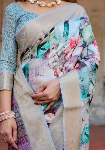 Pastel Beige Modern Abstract Floral Digital Print Tussar Silk Saree