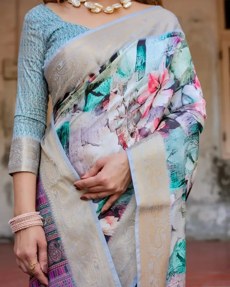 Pastel Beige Modern Abstract Floral Digital Print Tussar Silk Saree