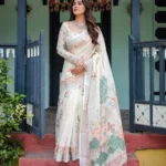 Pastel Floral Pattern Pure Linen Saree With Tassels