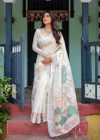 Pastel Floral Pattern Pure Linen Saree With Tassels