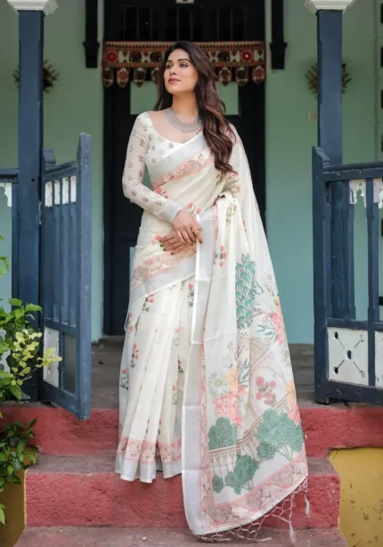 Pastel Floral Pattern Pure Linen Saree With Tassels