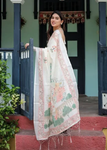 Pastel Floral Pattern Pure Linen Saree With Tassels