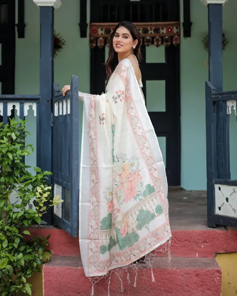 Pastel Floral Pattern Pure Linen Saree With Tassels