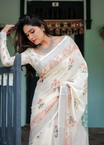 Pastel Floral Pattern Pure Linen Saree With Tassels