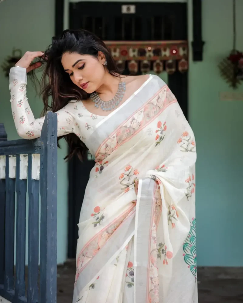 Pastel Floral Pattern Pure Linen Saree With Tassels
