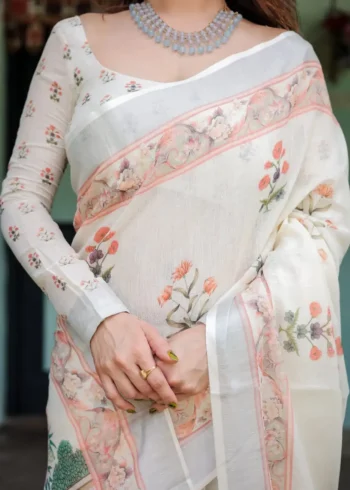 Pastel Floral Pattern Pure Linen Saree With Tassels