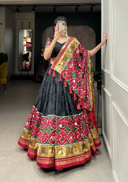 Patola Print With Foil Work Tussar Silk Gujarati Lehenga Choli