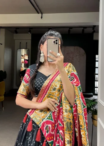 Patola Print With Foil Work Tussar Silk Gujarati Lehenga Choli