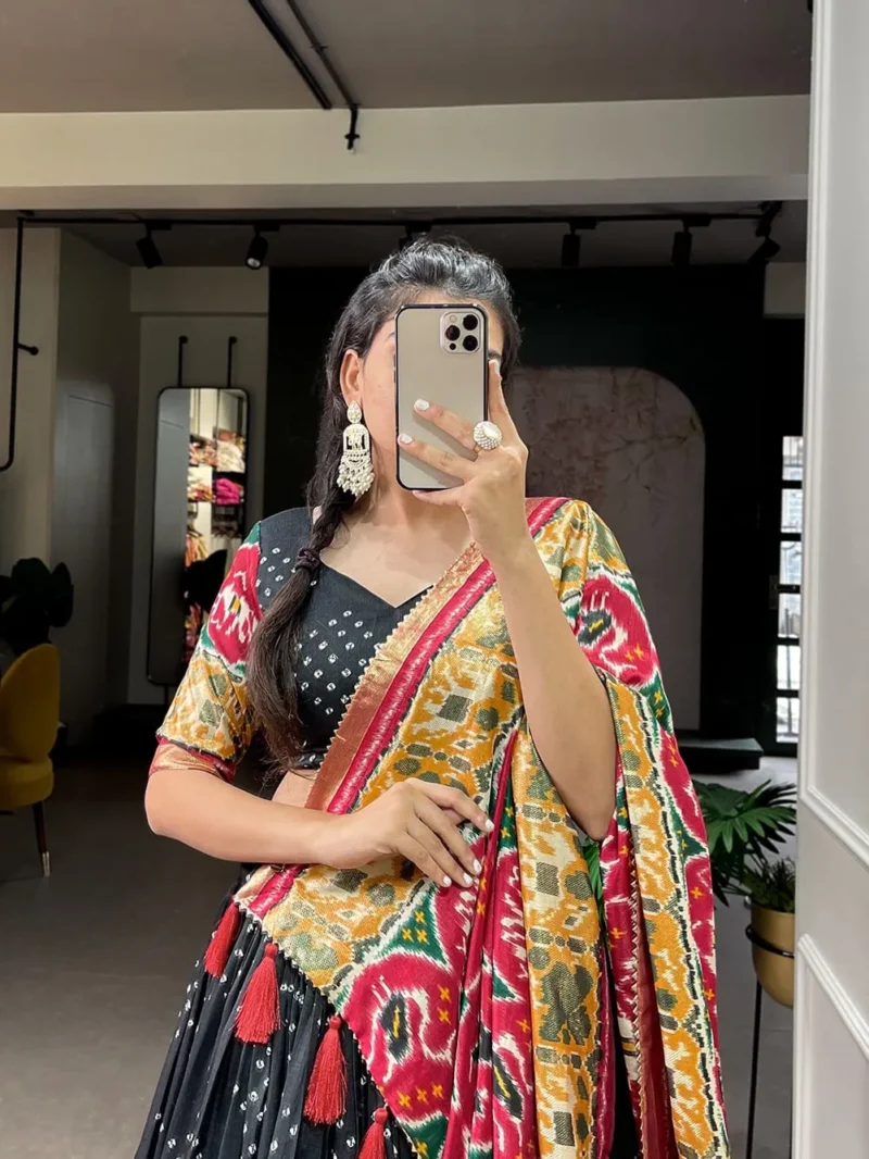 Patola Print With Foil Work Tussar Silk Gujarati Lehenga Choli