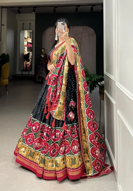 Patola Print With Foil Work Tussar Silk Gujarati Lehenga Choli