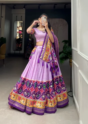 Patola Print With Foil Work Tussar Silk Gujarati Lehenga Choli