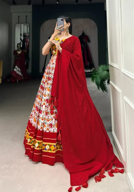 Patola Printed Lehenga With Foil Work and Original Mirror Gamthi Lace