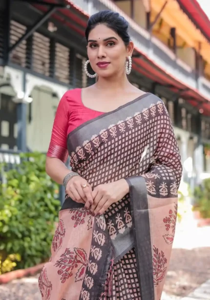 Peach Base Colour Black Digital Printed Linen Saree