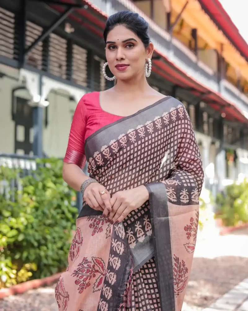 Peach Base Colour Black Digital Printed Linen Saree