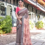 Peach Base Colour Black Digital Printed Linen Saree