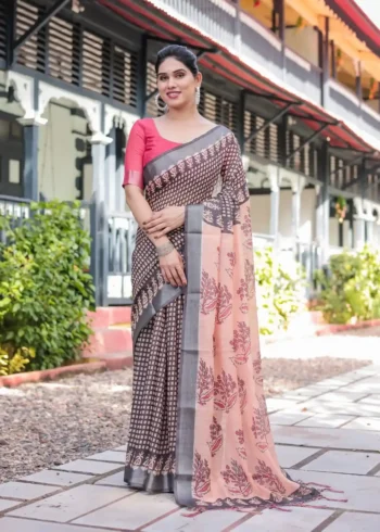 Peach Base Colour Black Digital Printed Linen Saree