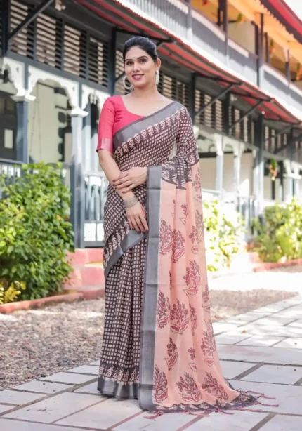 Peach Base Colour Black Digital Printed Linen Saree