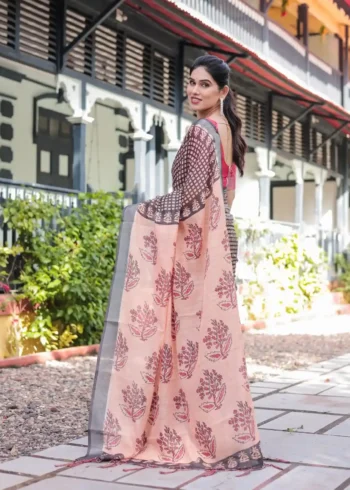 Peach Base Colour Black Digital Printed Linen Saree