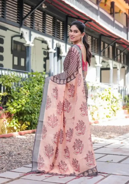 Peach Base Colour Black Digital Printed Linen Saree