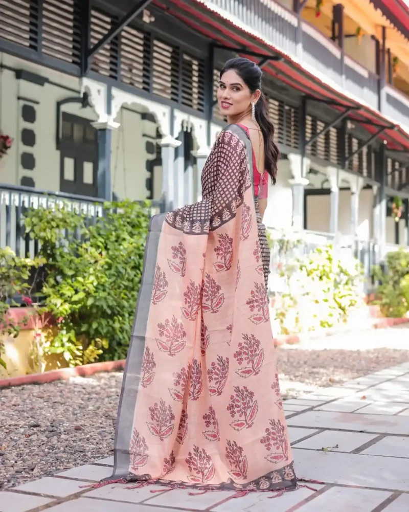 Peach Base Colour Black Digital Printed Linen Saree