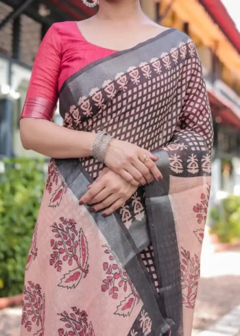 Peach Base Colour Black Digital Printed Linen Saree