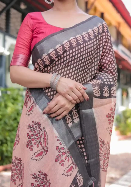 Peach Base Colour Black Digital Printed Linen Saree