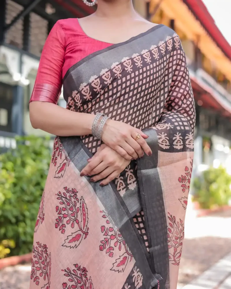 Peach Base Colour Black Digital Printed Linen Saree
