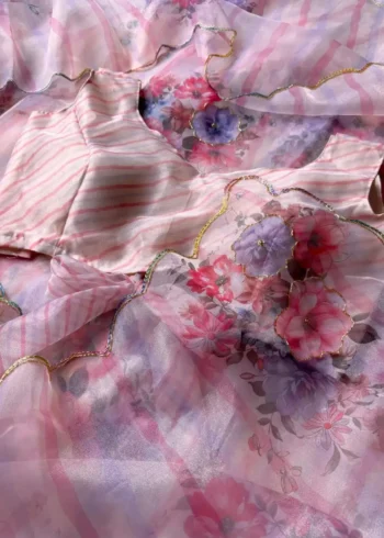 Peach Color Digital Print With Cutdana Handwork Organza Saree