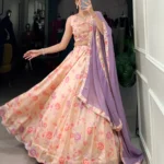 Peach Color Tussar Silk Floral Printed Half Saree Bridesmaid Lehenga
