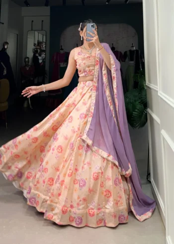 Peach Color Tussar Silk Floral Printed Half Saree Bridesmaid Lehenga