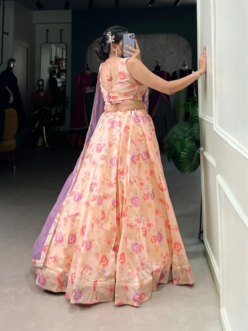 Peach Color Tussar Silk Floral Printed Half Saree Bridesmaid Lehenga