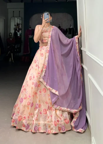 Peach Color Tussar Silk Floral Printed Half Saree Bridesmaid Lehenga