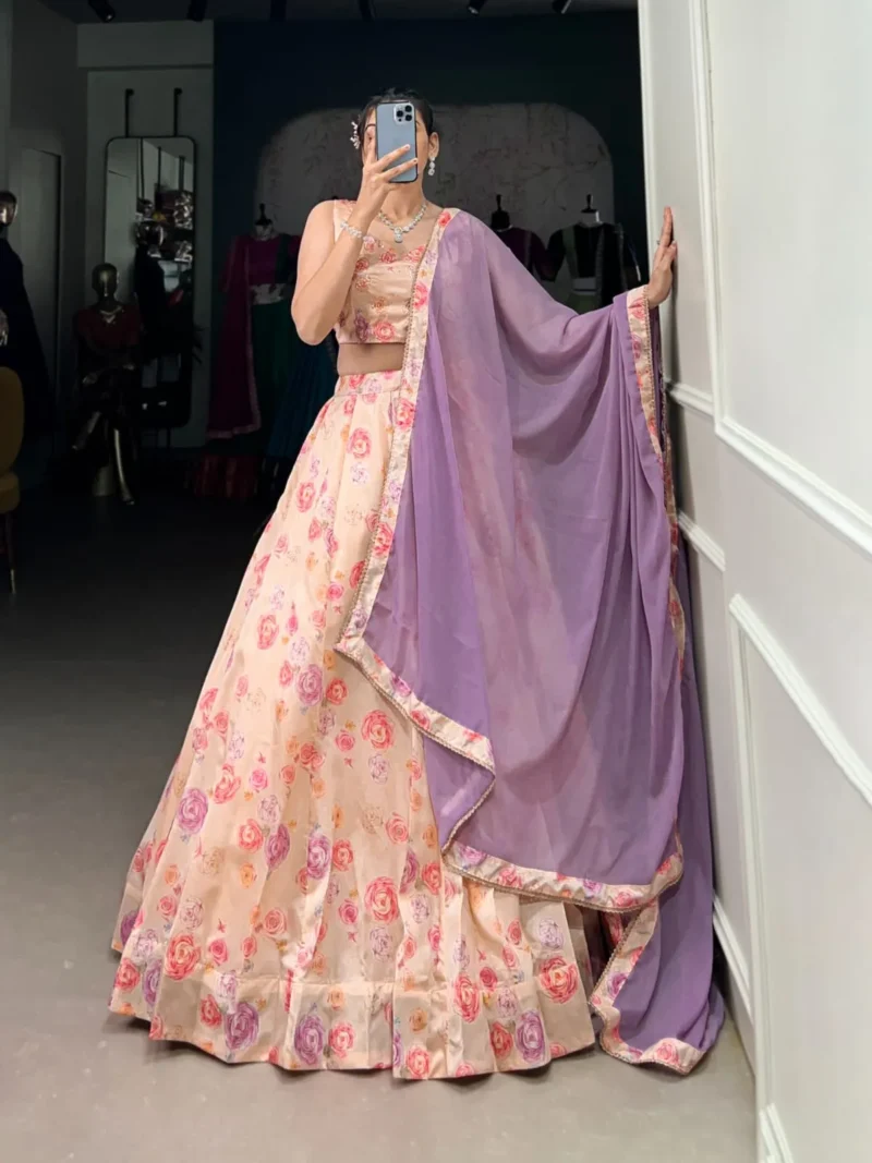 Peach Color Tussar Silk Floral Printed Half Saree Bridesmaid Lehenga