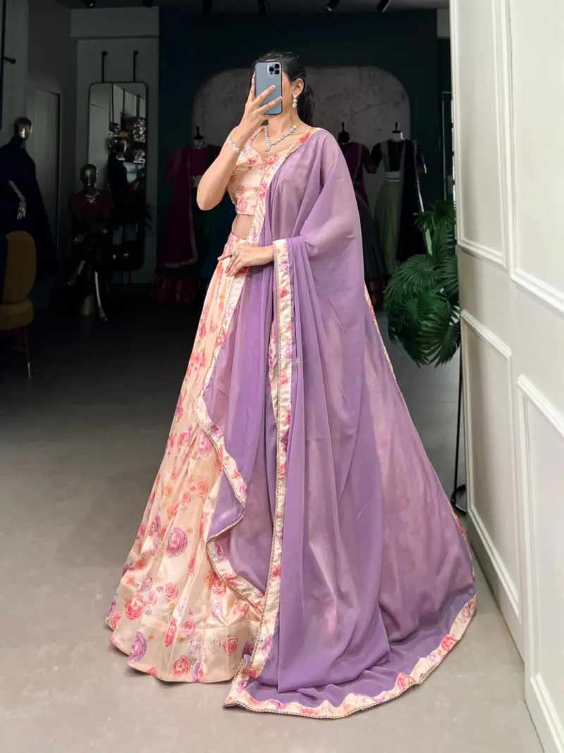 Peach Color Tussar Silk Floral Printed Half Saree Bridesmaid Lehenga