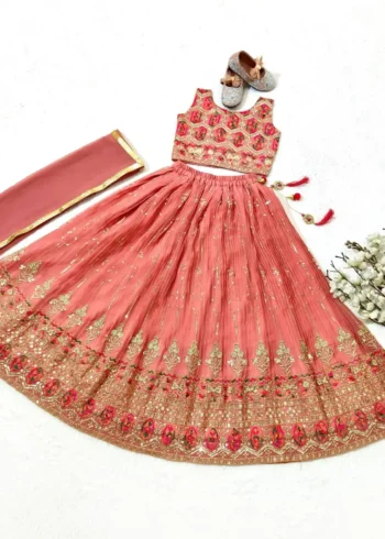 Peach Crush Work Sequins Embroidered Kids Lehenga