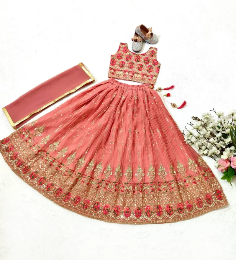 Peach Crush Work Sequins Embroidered Kids Lehenga