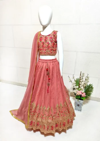 Peach Crush Work Sequins Embroidered Kids Lehenga