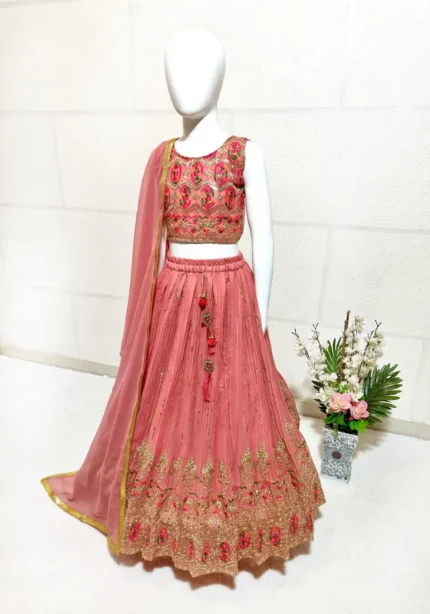 Peach Crush Work Sequins Embroidered Kids Lehenga