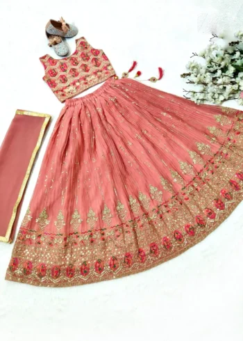 Peach Crush Work Sequins Embroidered Kids Lehenga