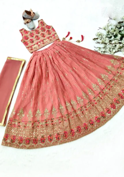 Peach Crush Work Sequins Embroidered Kids Lehenga